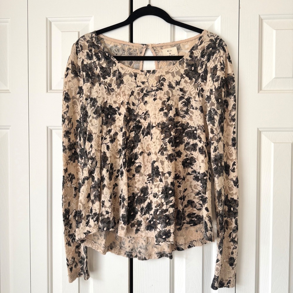 Pins‎ and Needles Floral Lace Long Sleeve Top Beige Black Keyhole Back Womens M